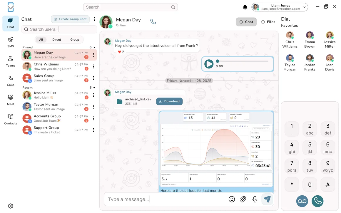 Uniden Voice desktop app chat view with file sharing and voice messages